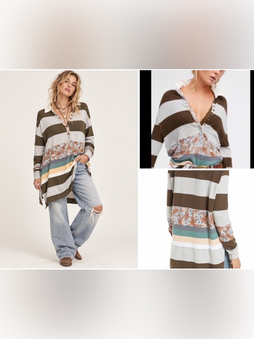 Free People We The Free Eloise Rugby Tunic Mixed Print Striped Floral Boho